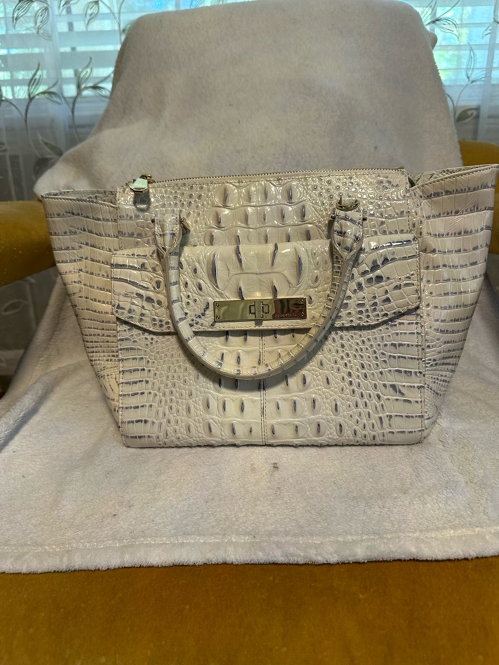 Brahmin Croc-Embossed Tote in Cream with Gold Hardware